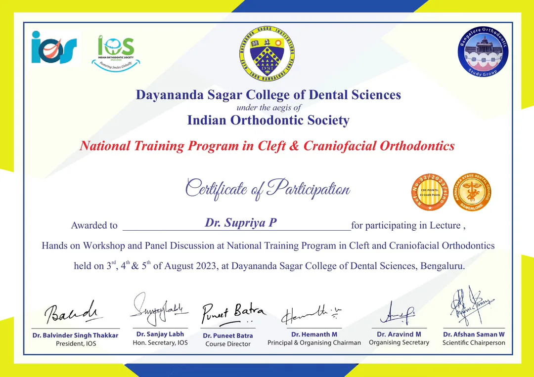 Certificate of Participation awarded to Dr. Supriya P for the National Training Program in Cleft and Craniofacial Orthodontics, Dayananda Sagar College of Dental Sciences, Bengaluru, 3–5 August 2023