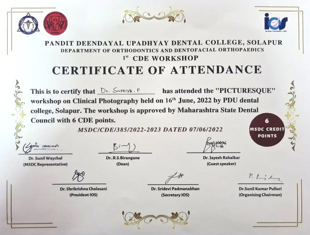 Certificate of Attendance awarded to Dr. Supriya P for the Picturesque workshop on clinical photography, PDU Dental College, Solapur, 16 June 2022