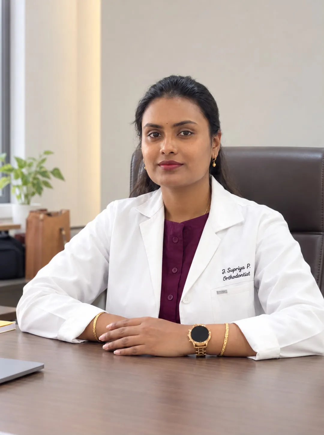 Dr. Supriya P, orthodontist at Supriya Multispeciality Dental Clinic, Vidhya Nagar, seated at her consultation desk in a white coat